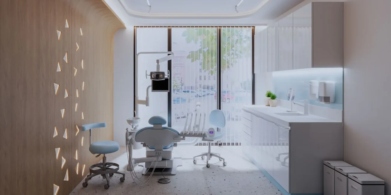 Bright dental studio with panoramic windows and ergonomic dental chair.